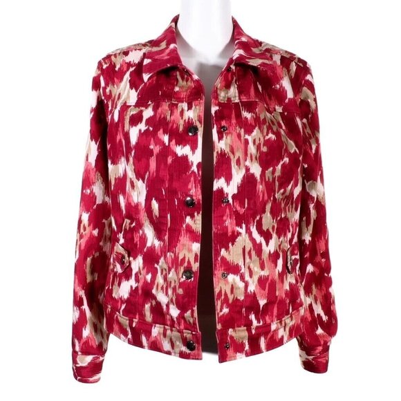 Christopher Banks Women Jacket Size M Stretch Denim Red Multi Snaps Camo - Picture 9 of 10